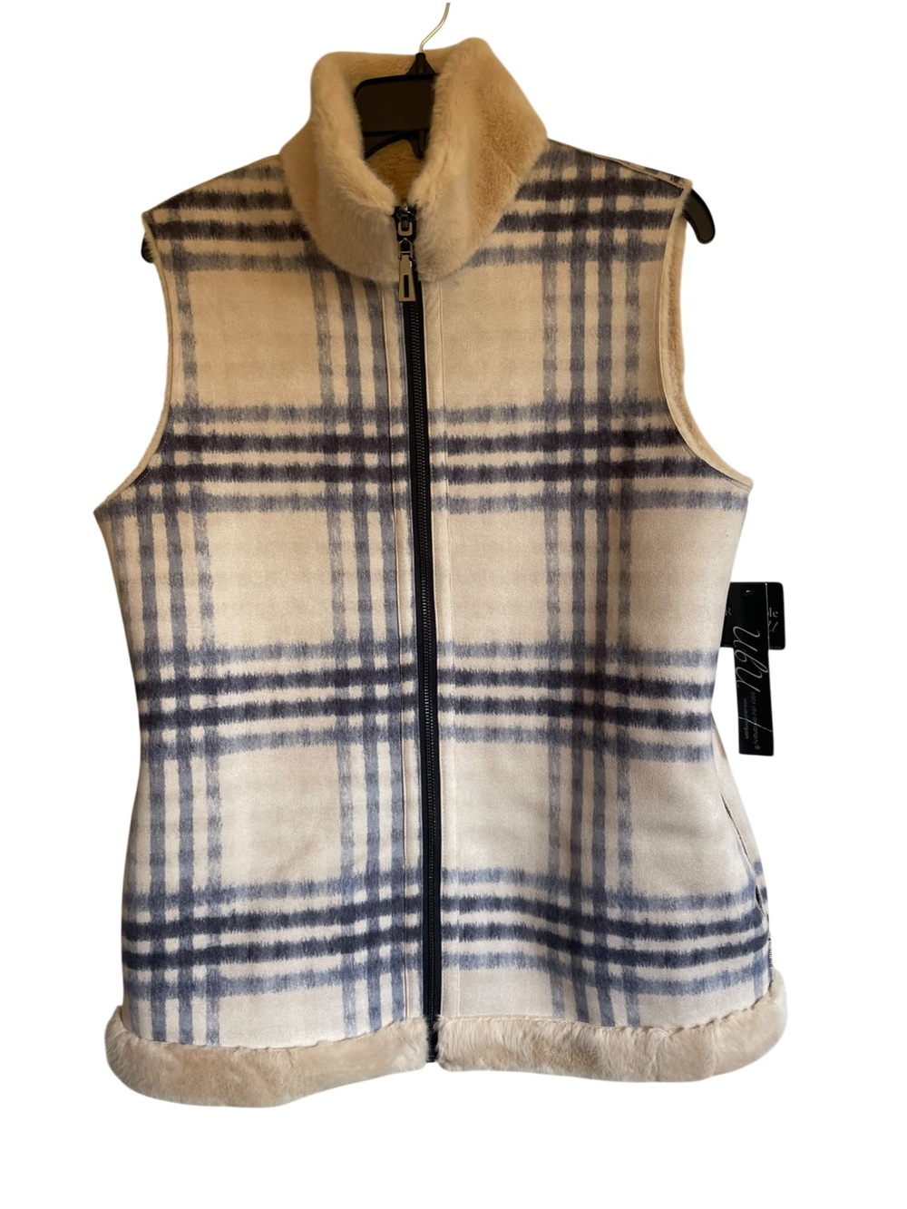 UbU Sleeveless Plaid Zip Reversible Vest Faux Fur Trim Cream & Navy NWT